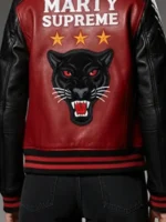 Marty Supreme Varsity Leather Jacket back design view showing rear styling, shape, and clean finish
