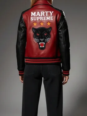 Marty Supreme Varsity Leather Jacket back view showing rear design, shape, and smooth leather finish