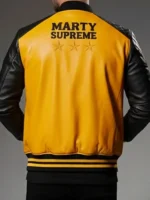 Marty Supreme Yellow Varsity Jacket back look showing rear style, shape, and clean finishing