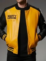 Marty Supreme Yellow Varsity Jacket closure view showing fastening detail and front finish clearly