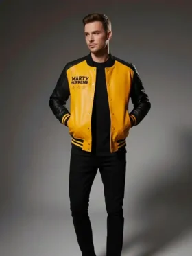 Marty Supreme Yellow Varsity Jacket front view showing the front design, fit, and clean varsity detail