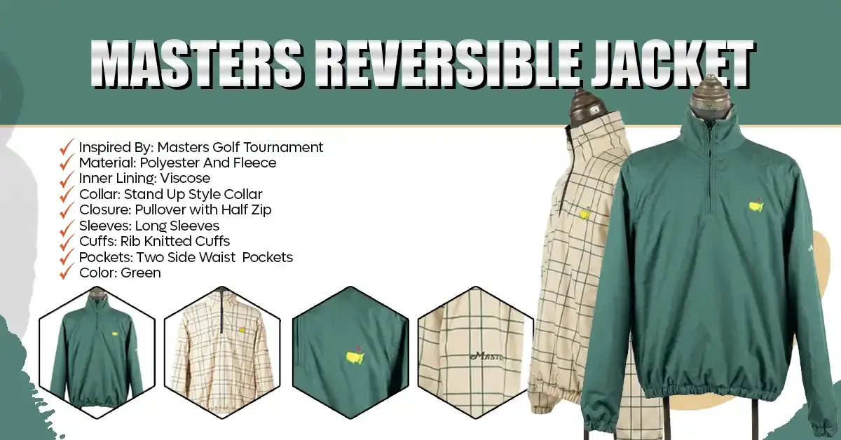 Green and Plaid Reversible Pullover Jacket Specification Sheet with Inset Hexagon Close Ups for Stand Up Collar and Logo Embroidery