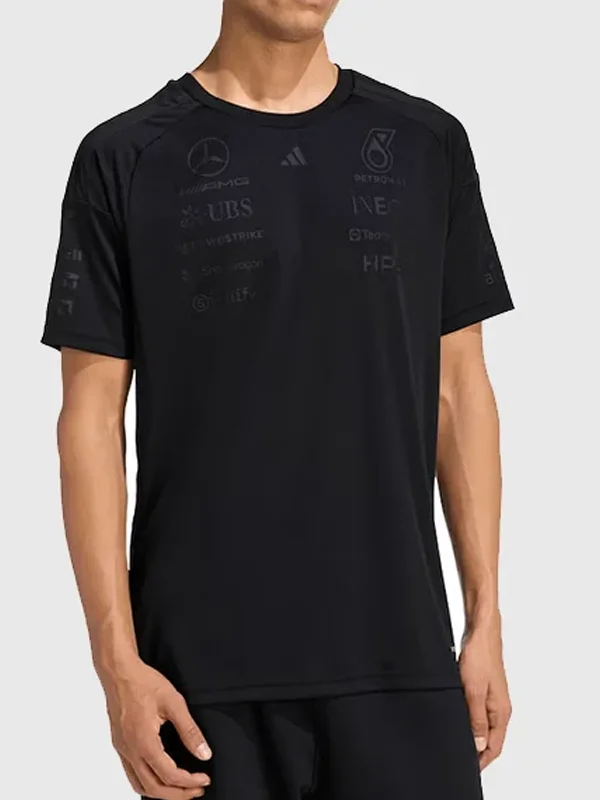 Mercedes AMG F1 Night Driver T Shirt Front View The front view of the Mercedes AMG F1 Night Driver T Shirt featuring a sleek racing inspired design.