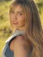 Macro detail of the Miley Cyrus Younger Now Blue Denim Vest material.