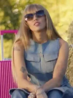 Direct front profile of the Miley Cyrus Younger Now Blue Denim Vest.