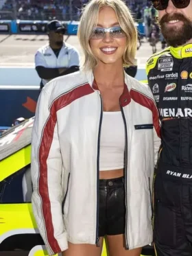 NASCAR Championship Sydney Sweeney Jacket close-up view showing texture, stitching, and details