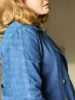 Detailed side close-up of the NCIS Origins Kathleen Kenny Denim Blazer.