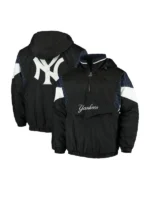 Front and back view of the NY Yankees Blackout Anorak Hooded Jacket.