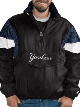 Front view of the classic NY Yankees Blackout Anorak Hooded Jacket.