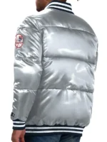 Clean rear perspective of the NY Yankees Bronx Satin Bomber Jacket.