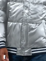 Macro shot of the NY Yankees Bronx Satin Bomber Jacket material.