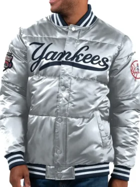 Direct front profile of the NY Yankees Bronx Satin Bomber Jacket.