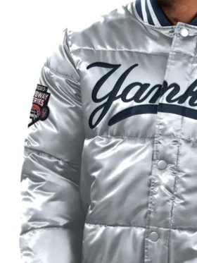 Lifestyle perspective of the NY Yankees Bronx Satin Bomber Jacket.