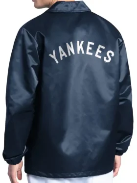 Clean rear perspective of the NY Yankees Navy Man Coaches Jacket.