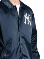 Macro shot of the NY Yankees Navy Man Coaches Jacket fabric.