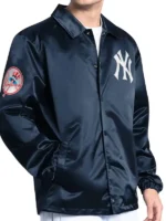 Direct front profile of the NY Yankees Navy Man Coaches Jacket.