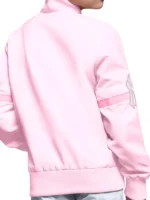 Clean rear perspective of the NY Yankees Pink Arena Varsity Jacket.