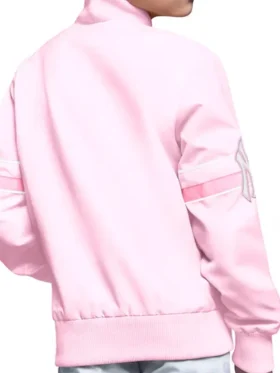 Clean rear perspective of the NY Yankees Pink Arena Varsity Jacket.