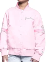 Direct front profile of the NY Yankees Pink Arena Varsity Jacket.