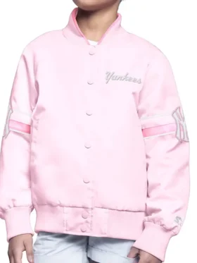 Direct front profile of the NY Yankees Pink Arena Varsity Jacket.