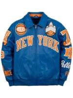New York Knicks Pelle Pelle blue leather jacket front view with full Knicks embroidery and NYC branding