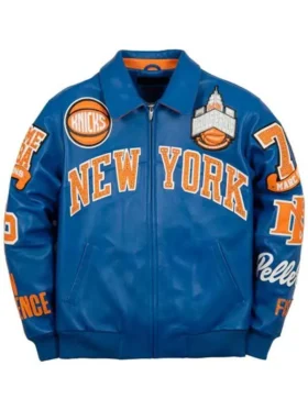 New York Knicks Pelle Pelle blue leather jacket front view with full Knicks embroidery and NYC branding