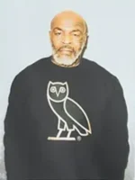 A full lifestyle display of the OVO Tyson OG Photo T-Shirt featuring the iconic monochrome portrait on a black base.