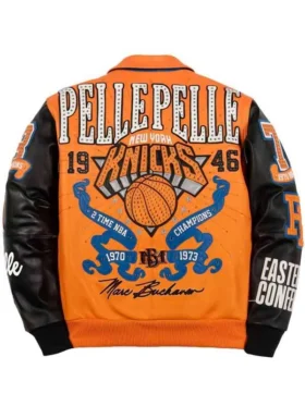 Back view of orange and black Pelle Pelle New York Knicks bomber jacket with large NYC Knicks leather artwork