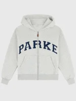Lifestyle perspective of the Parke OG Varsity Hoodie Grey.