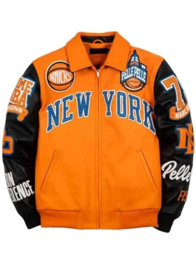 Pelle Pelle New York Knicks leather jacket in orange and black with NYC embroidery and Pelle Pelle branding