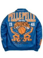 Back view of Pelle Pelle New York Knicks MB blue bomber leather jacket with oversized Knicks leather artwork and rhinestone stitching