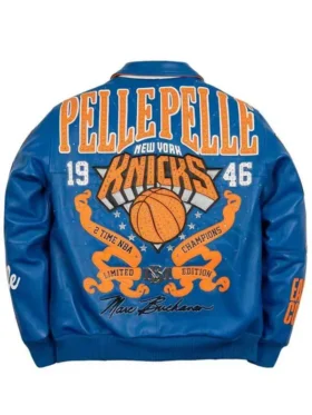 Back view of Pelle Pelle New York Knicks MB blue bomber leather jacket with oversized Knicks leather artwork and rhinestone stitching