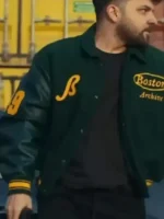 The front view of the Per Jete Olsi Bylyku Varsity Jacket featuring a classic dual tone athletic design.