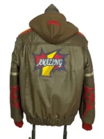 The back view of the olive green Peter Parker Photographer leather bomber jacket from Marvel Rivals, featuring a large comic-style "AMAZING" lightning bolt patch on the back and red spider-web patterns on the sleeves.