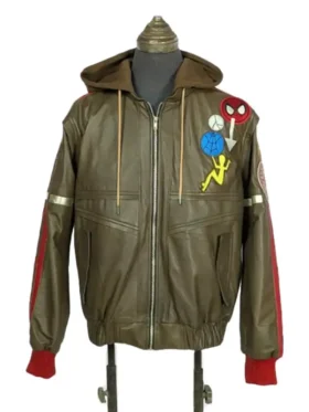 The front view of the olive green Peter Parker Photographer leather bomber jacket from Marvel Rivals, showcasing an attached brown hood, a silver front zipper, and multiple colorful pop-art patches on the left chest.