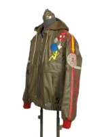 A three-quarter side angle view of the olive green Peter Parker Photographer leather bomber jacket from Marvel Rivals on a mannequin, highlighting the left sleeve's Empire State University patch and red racing stripe alongside the front chest patches.