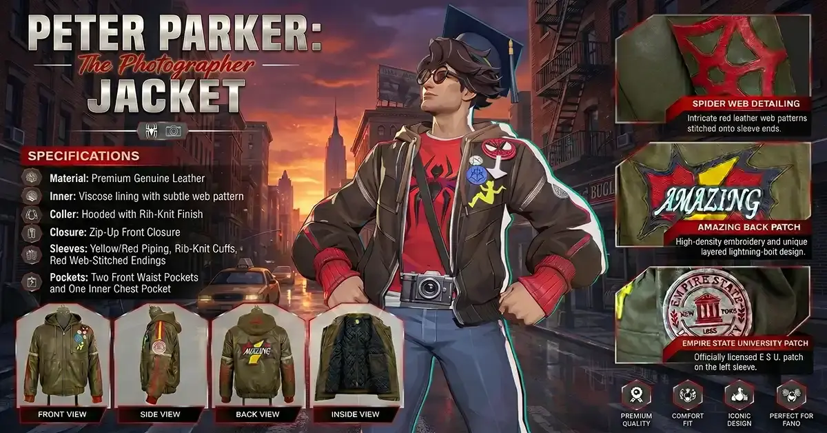the Peter Parker "The Photographer" Jacket from Marvel Rivals Season 7.5, showcasing the jacket’s features, multiple views, close-up details, and material specifications, with Peter Parker wearing it against a sunset NYC backdrop.