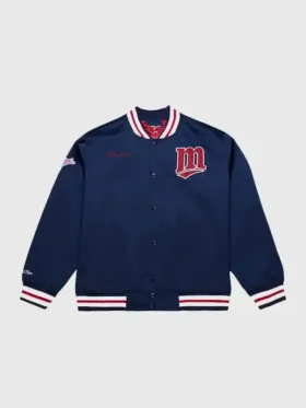 The front profile of the Puckett Minnesota Twins Satin Jacket featuring a button-down closure and team colors.