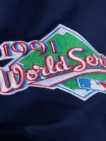 A full lifestyle display of the Puckett Minnesota Twins Satin Jacket showing its glossy finish and sporty vibe.