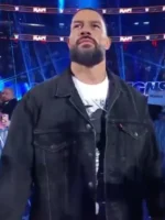 Detail of the front fastening on the Roman Reigns RAW Denim Trucker Jacket.