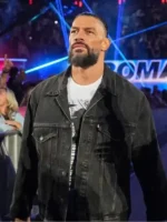 Straight front profile of the Roman Reigns RAW Denim Trucker Jacket.