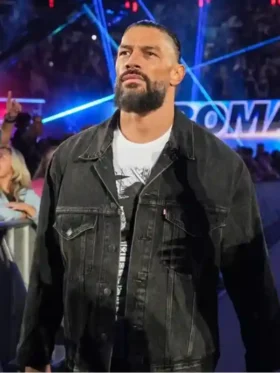 Straight front profile of the Roman Reigns RAW Denim Trucker Jacket.