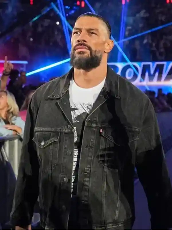 Straight front profile of the Roman Reigns RAW Denim Trucker Jacket.