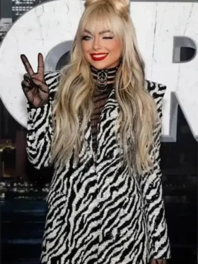 A full fashion look of the Scream VI Gionna Daddio Zebra Blazer featuring a bold animal print and tailored fit.