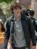 The front profile of the Scream VI Jack Champion Bomber Jacket showing the full zip design and rib-knit collar.