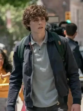 The front profile of the Scream VI Jack Champion Bomber Jacket showing the full zip design and rib-knit collar.