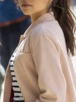 A detailed close-up of the fabric texture and precision stitching on the Scream VI Jenna Ortega Pink Jacket.