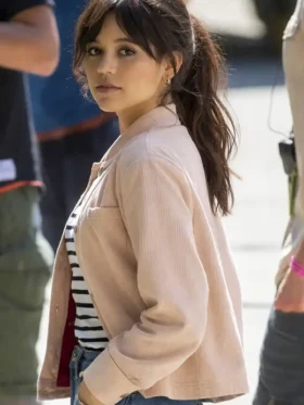 A side view of the Scream VI Jenna Ortega Pink Jacket showing the modern athletic silhouette and sleeve finish.