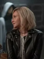 A detailed close-up of the leather texture and fine stitching on the Scream VI Kirby Reed Leather Jacket.