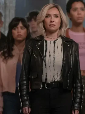 The front profile of the Scream VI Kirby Reed Leather Jacket with a classic collar and zip design.